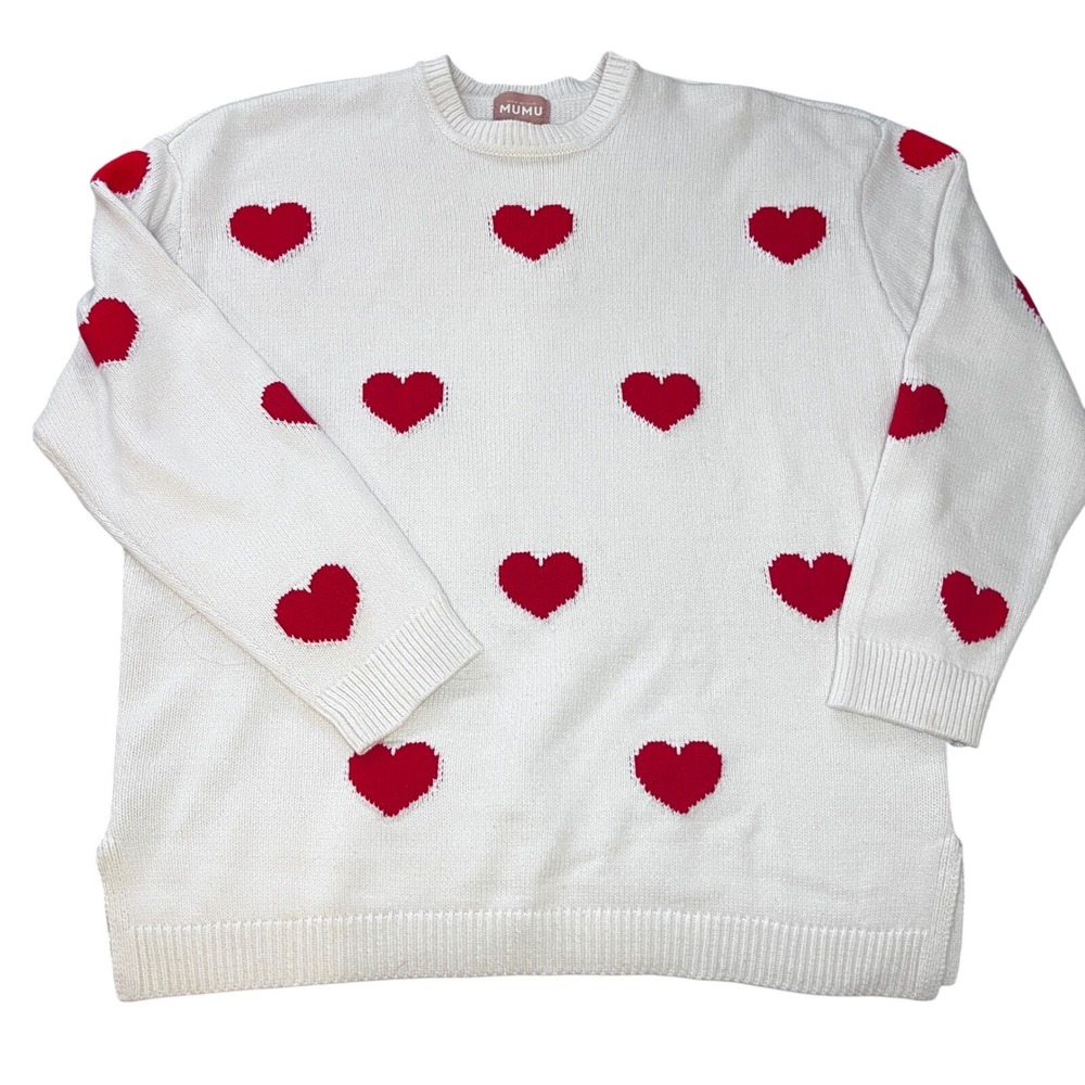 Show Me Your MuMu White Crewneck Sweater with Red Heart Pattern